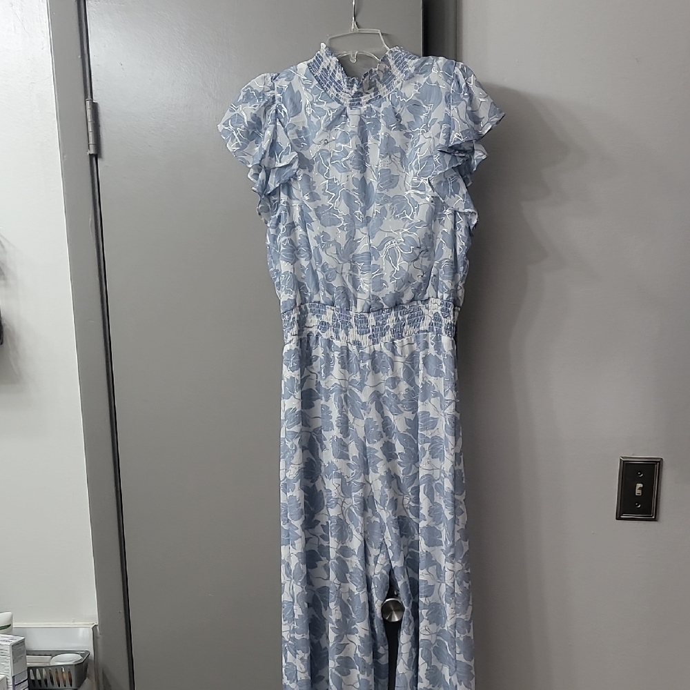 MSK Light Blue and White Ruffled Jumpsuit